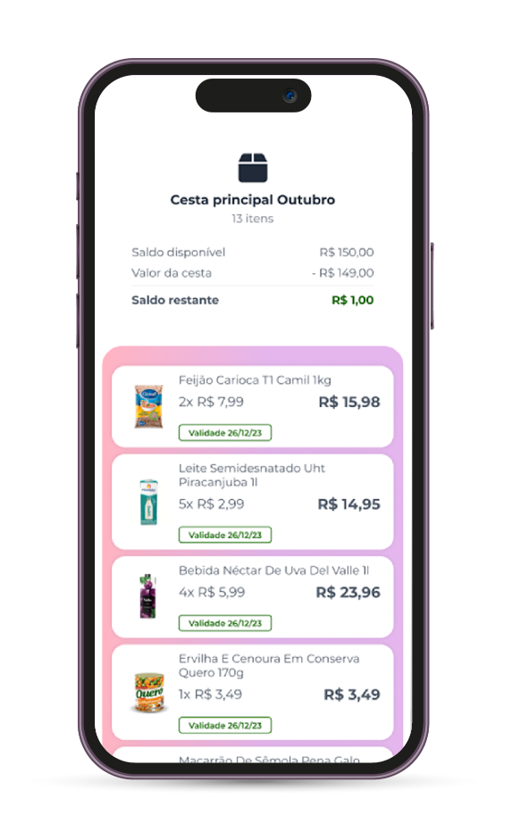 Tela de escolha de produtos do aplicativo